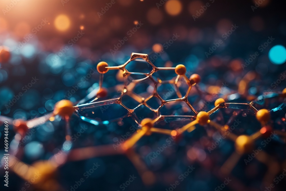 Aufkleber abstract close-up photo of a molecule with orange atoms on a dark blue background with bokeh. scient