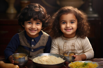 Beautiful Indian brother and sister eating food - Powered by Adobe