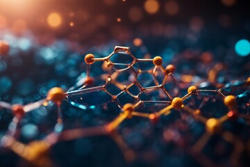 Abstract close-up photo of a molecule with orange atoms on a dark blue background with bokeh. Scientific research, biochemistry, microbiology concepts