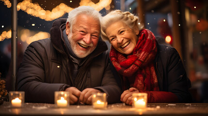 Joyful senior couple enjoying an advent market