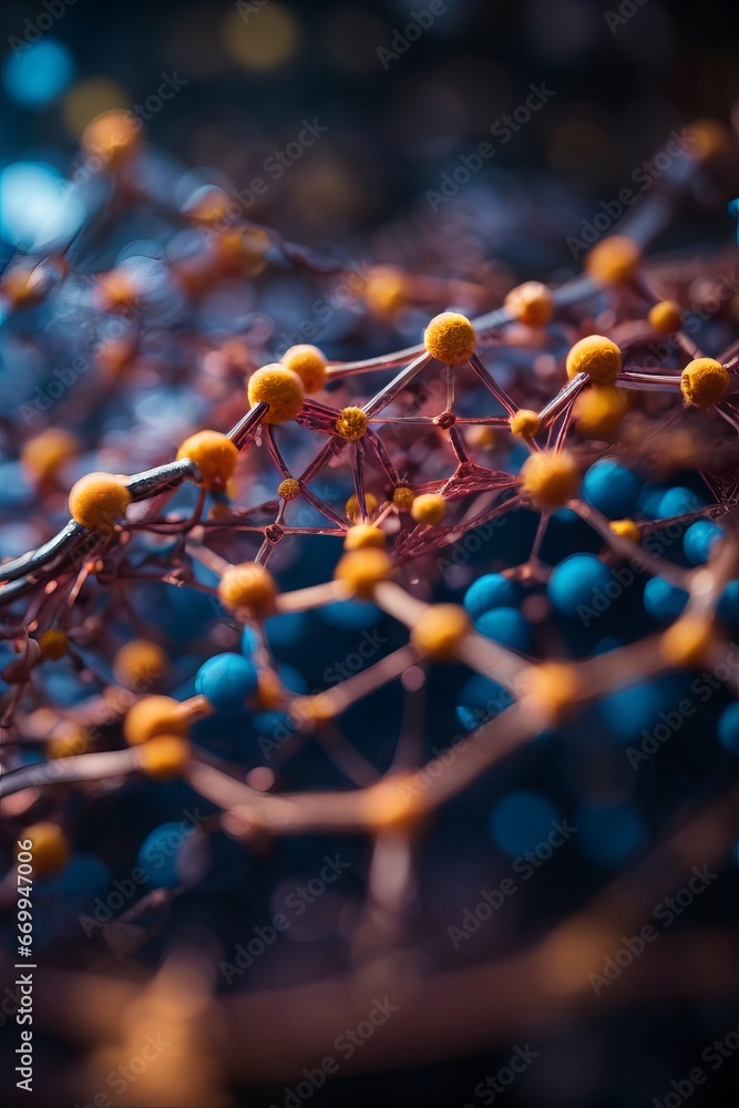 Poster abstract close-up photo of a molecule structure on a dark blue background