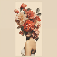 Vintage collage image of a woman with flowers on her head, postcard, creative art. Generated by AI