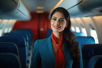 Beautiful Indian air hostess in the plane