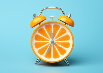 Tasty fresh orange creative idea layout slice alarm clock on pastel blue background. minimal idea business concept. Fruit idea creative to produce work within an advertising marketing