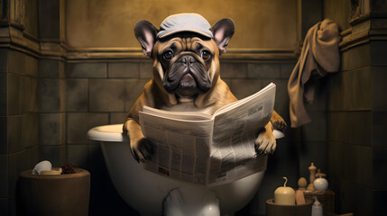 Dog on toilet holding newspaper, looking relaxed - obrazy, fototapety, plakaty