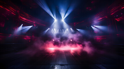 Empty nightclub stage lit by colorful lasers and stage smoke