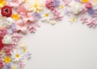 Fototapeta na wymiar Beautiful spring flowers on paper background. For example banner for 8 march, Happy Easter with place for text. Springtime concept. Top view. Flat lay