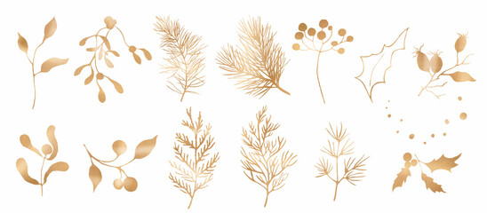 Christmas floral gold set. Hand painted illustration isolated on white background