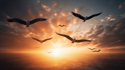 Obraz premium flock of seagull birds over the sea at sunset