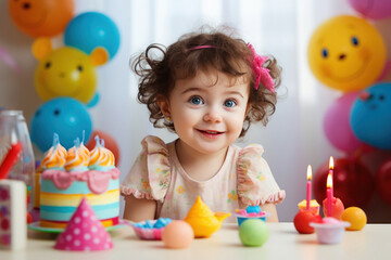 Fototapeta na wymiar Cute little girl celebrating birthday with sweet cake