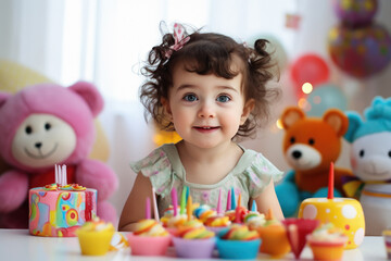 Fototapeta premium Cute little girl celebrating birthday with sweet cake