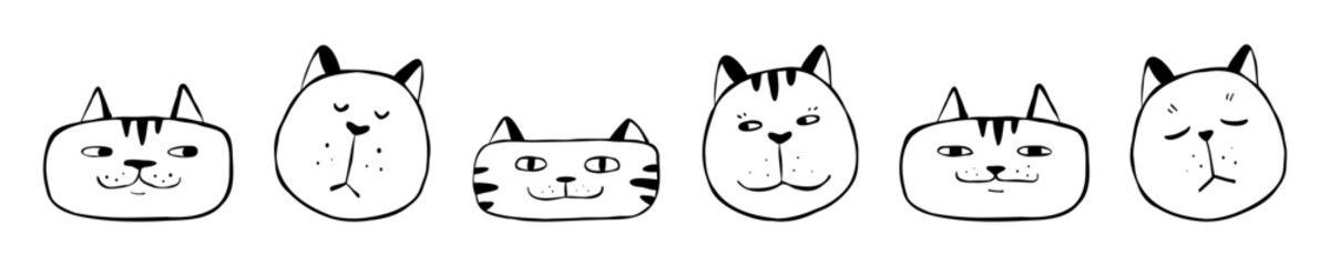Set of funny cat faces with different shape and emotions. Vector line art drawing for washi tape, textiles, packaging, or wrapping paper. Hand-drawn minimalist illustration of cartoon pets.