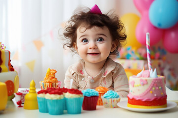 Cute little girl celebrating birthday with sweet cake