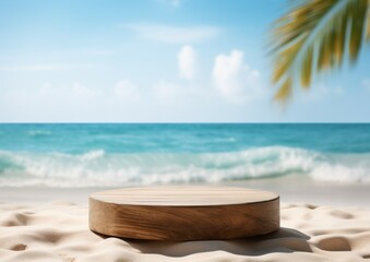 Fototapeta na wymiar Summer sand and tropical sea background with abstract wood wooden podium for display product mockup