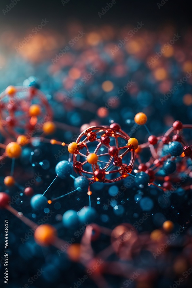 Poster abstract molecule structure with atoms on dark blue background. macro photo of a chemical substance