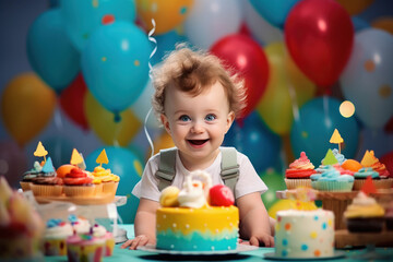 Obraz na płótnie Canvas Cute little boy celebrating birthday with sweet cake