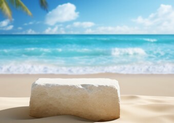 Fototapeta na wymiar Summer sand and tropical sea background with abstract stone podium for display product mockup