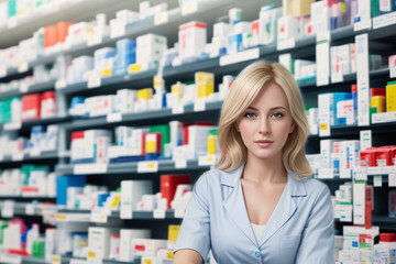 Portrait of a woman pharmacist against defocused pharmacy background