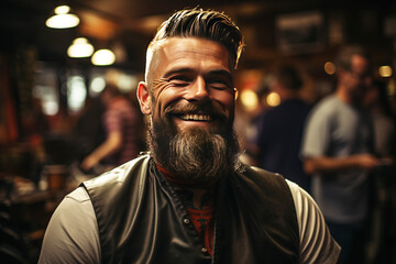 Fototapeta premium Hairdressing salon barbershop for men's beard care, beautiful stylish hipster haircut. AI generated.