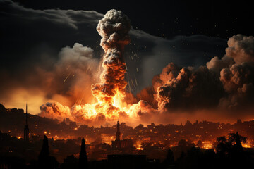 Image capturing the moment of explosion at night - obrazy, fototapety, plakaty