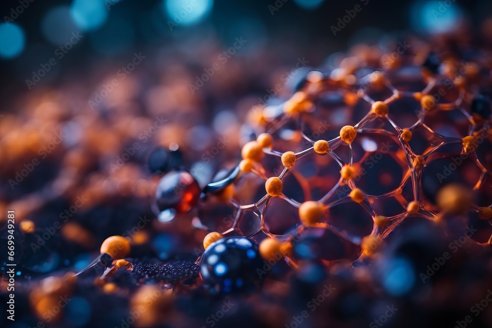 Poster abstract molecule structure with atoms on dark blue background. macro photo of a chemical substance.