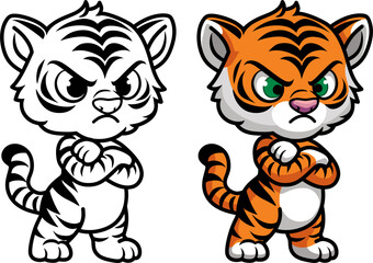 cartoon little angry tiger cub, vector drawing