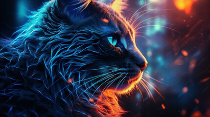Surreal close-up of a long-haired black cat with blue eyes amidst swirling neon lights - obrazy, fototapety, plakaty