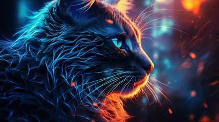 Tuinposter Surreal close-up of a long-haired black cat with blue eyes amidst swirling neon lights © Sachin