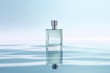 Perfume or cosmetic glass bottle on calm water background - obrazy, fototapety, plakaty