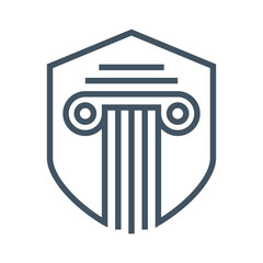 Lawyer logo in the form of shield with greece column. Lawyer logo with creative element style Premium Vector on white background