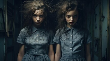 Two girls in identical dresses - obrazy, fototapety, plakaty