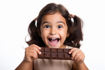 cute indian girl eating chocolate. - obrazy, fototapety, plakaty