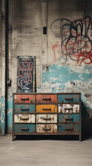 Reclaimed Wood Dresser with Graffiti on Concrete Wall