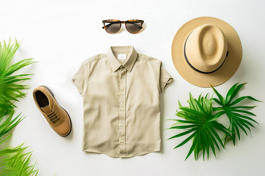 Top view of men clothes and accessories set for summer