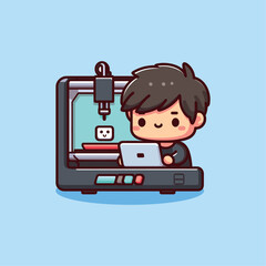 Man operating 3d printer machine using a laptop computer vector illustration logo concept icon