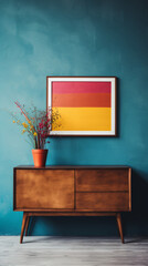 Wooden Dresser with Colorful Accents against Concrete Wall
