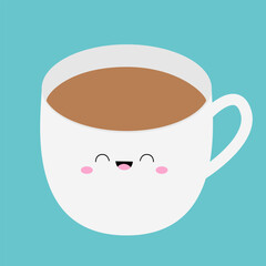 White coffee cup mug. Cute smiling face. Pink cheeks, eyes, mouth. Kawaii funny food character. Cappuccino espresso icon. Tasty snack. Flat design. Blue background. Isolated.