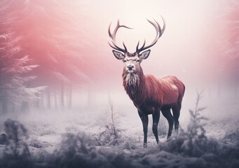 The majestic deer stands against the background of frost-covered trees in the dawn sunlight. Winter landscape, wallpaper.