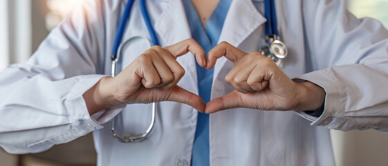 close up, Beautiful asian woman wearing doctor uniform and stethoscope smiling in love doing heart symbol shape with hands. romantic concept.
