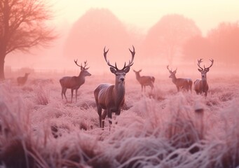 A herd of majestic deer stands against the background of frost-covered trees in the rays of the dawn sun. Winter landscape, wallpaper.