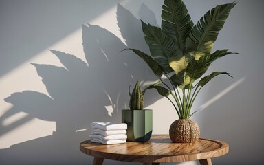 Natural Serenity Wooden Side Table with Tropical Plant Leaves in Sunlight ai generated