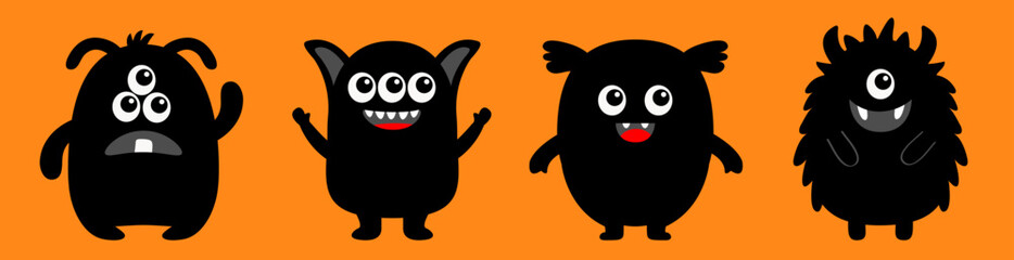Cute monster set line. Happy Halloween. Black silhouette icon. Eyes, tongue, tooth fang, hands up. Cute cartoon kawaii scary funny baby character. Orange background. Isolated. Flat design.