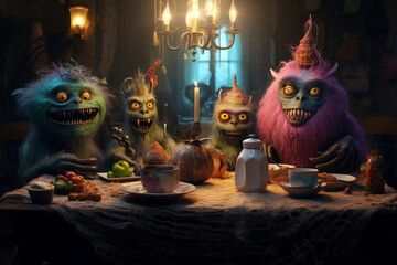 An alien monster family reunion. Colorful hairy and cute monsters in there house - 669953202
