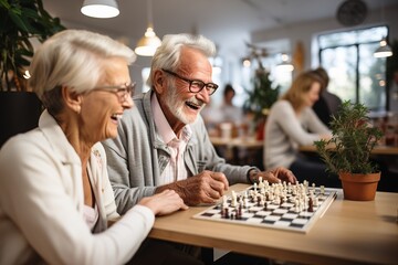A group of old people pensioners play board games for the development of intelligence and spend...