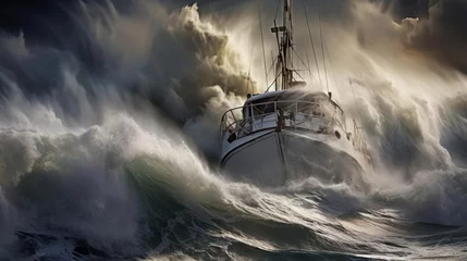Foto op Canvas A small ship is covered by a wave during a storm at sea © cherezoff