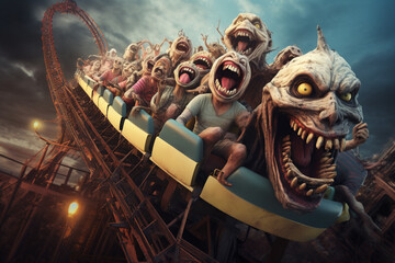 Group of scary alien monsters having fun at the amusement park. Colorful funny scenes of smiling horrible monster aliens at the fun fair - 669953692