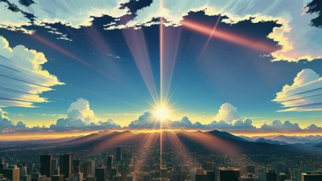Clouds background with rays of sunlight peeking through and cityscape below in anime style. Frame-by-frame animation. High quality 4k footage