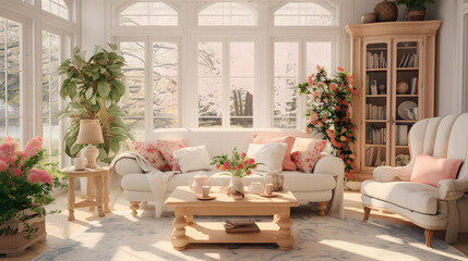 A tranquil ambiance of a living room adorned with fresh flowers, exuding a cozy atmosphere bathed in soft, natural light. With a focus on warmth and comfort, this space invites relaxation 