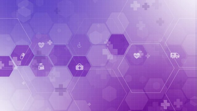 Animation of healthcare system icons. A screensaver of blinking hexagons on a purple looped background. Medical motion graphics with crosses.