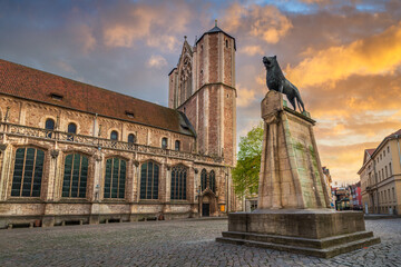 Statue of Lion and Cathedral in Braunschweig, Germany